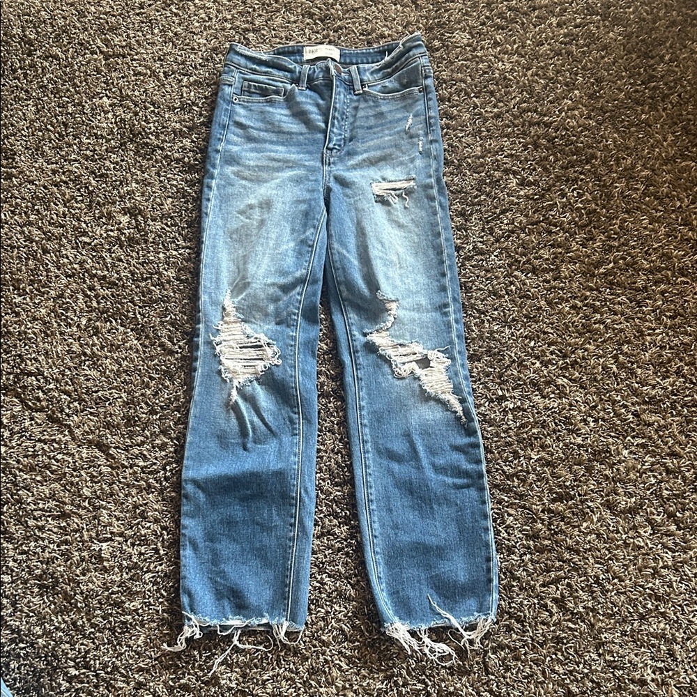 BKE Women's Distressed Blue Straight Leg Jeans